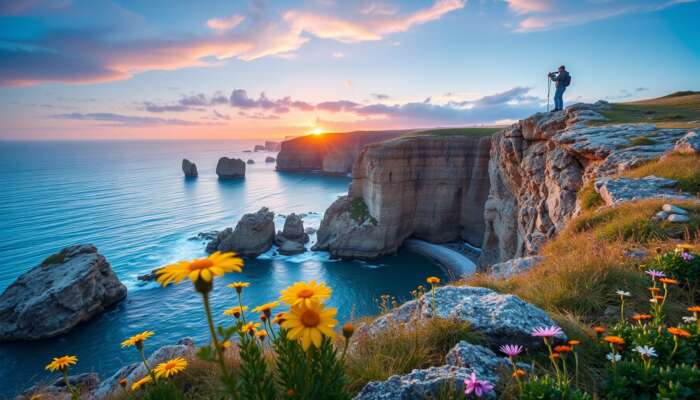 Photographer on a coastal cliff at dawn capturing a vibrant sunrise over turquoise waters, with golden light illuminating wildflowers and rugged rocks, avoiding crowds.