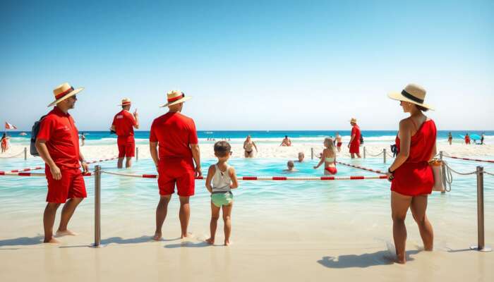 Beach scene with lifeguards in red uniforms overseeing swimmers in designated areas, families clad in hats and sunglasses under bright sun.