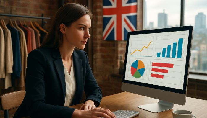Determined entrepreneur in Manchester boutique analysing rising Google Analytics graphs with Union Jack background.