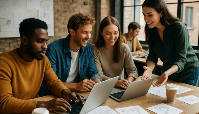 Young entrepreneurs brainstorming in a UK startup office, surrounded by laptops, sketches, and coffee cups with local influencers.