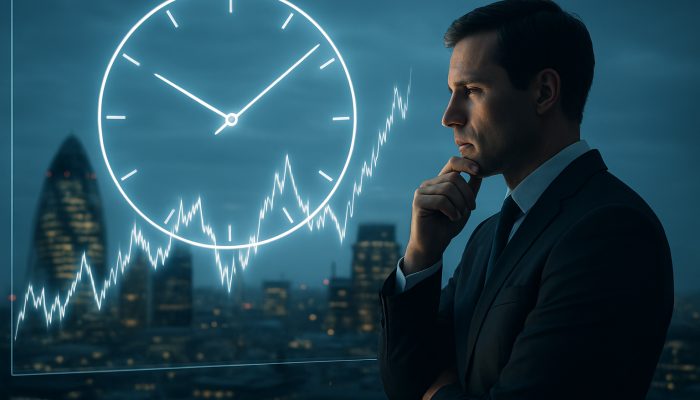 Sharp-dressed London broker analysing stock market graphs on a screen with clock for optimal investments.