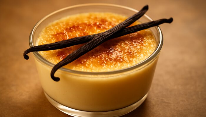 Creamy vanilla bean custard in a glass bowl, garnished with fresh pods and a golden caramelized top.