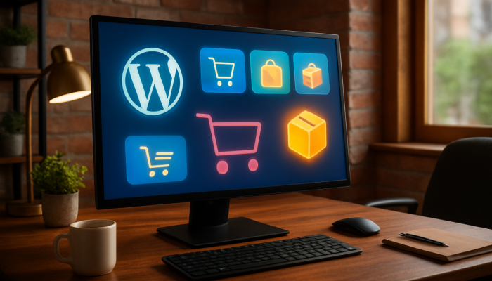 Dynamic WordPress dashboard in Bridport office, displaying WooCommerce e-commerce icons and shopping carts.