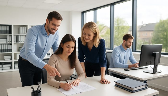 Modern office in Yeovil illustrating immaculate desks, organised files, and focused employees benefiting from natural light.