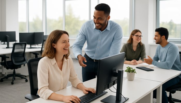 A modern Ilchester office with immaculate desks, ergonomic workstations, and engaged employees collaborating.
