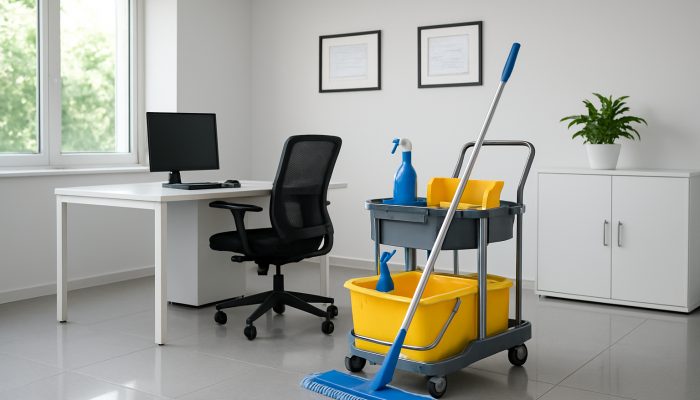 A pristine Ilchester office featuring gleaming surfaces and framed certifications from the British Institute of Cleaning Science.