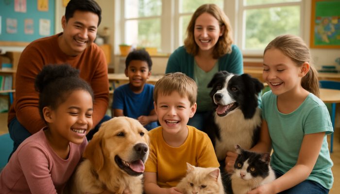 Children and teachers interacting with therapy dogs and cats in a lively classroom for emotional support.