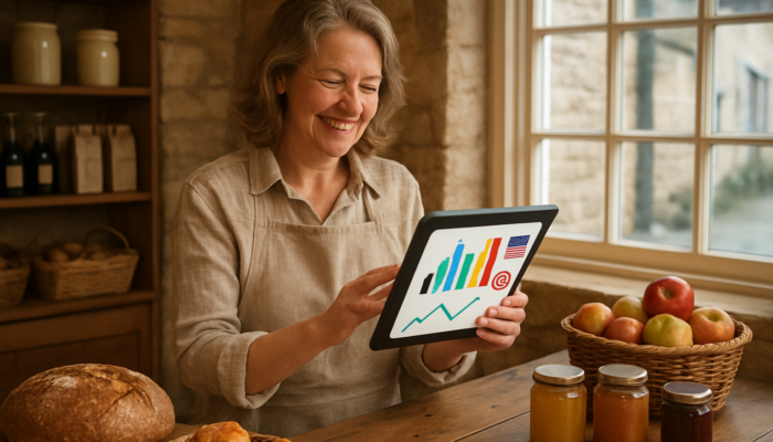 Happy Painswick shop owner examines tablet displaying Facebook, Instagram analytics, and rising e-commerce graphs.
