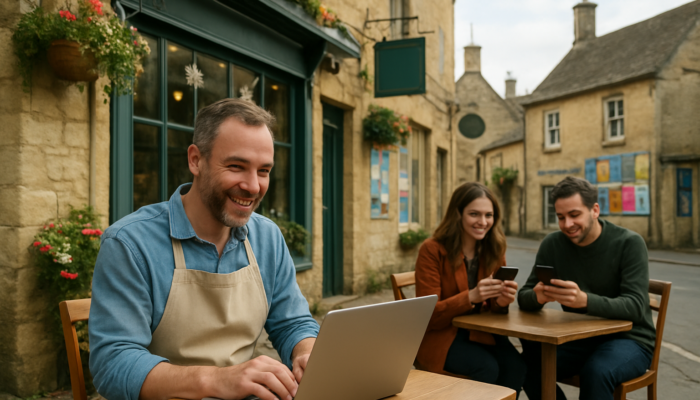 Cheerful café owner in Painswick typing emails on laptop while customers smile at smartphones amid colourful shop signs.