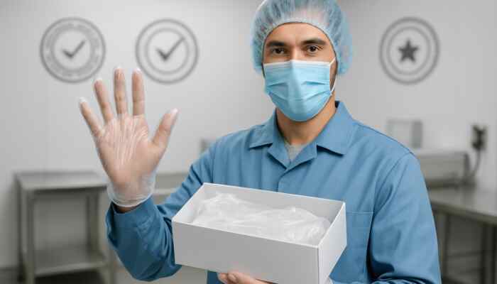 Harrow supplier showcasing certified polythene gloves with UK compliance seals in a sterile hospital environment