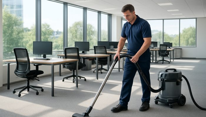 Professional cleaner vacuuming a modern office in Somerton with bright windows and natural light