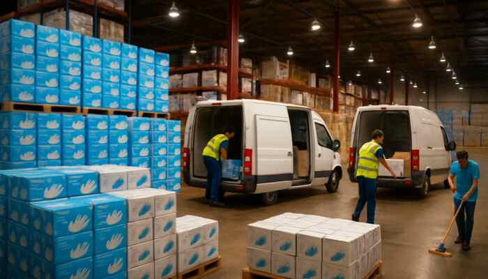Warehouse in Hucknall stacked with bulk vinyl glove boxes as delivery vans load supplies under bright lights.