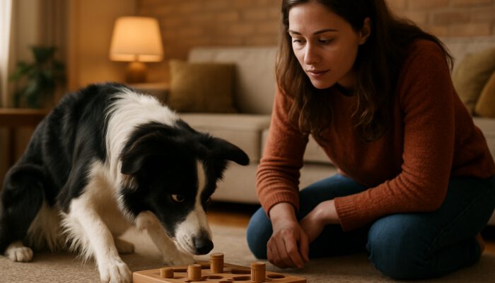 Border Collie solving a wooden puzzle toy while its owner kneels nearby observing in a cosy room