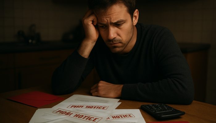 Signs Support Is Harming Your Finances: Identify The Risks | DCL Concerned individual at dimly lit table with overdue gas, electricity, and water bills marked final notice