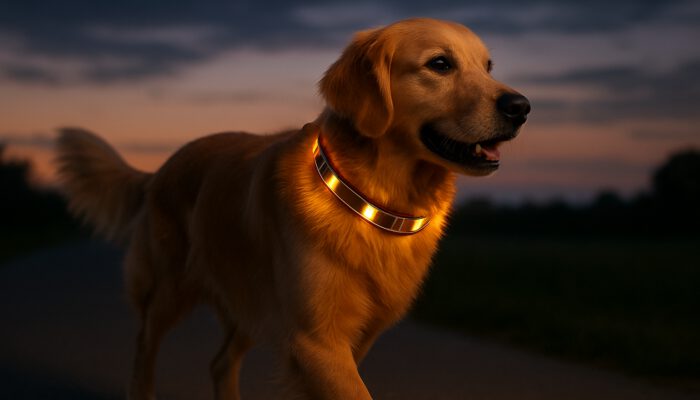 Golden retriever at dusk wearing a glowing solar-powered LED collar equipped with solar panels for visibility.