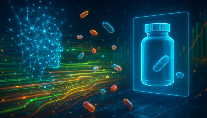 Futuristic AI neural networks projecting personalised supplement ads on holographic billboards with data streams and capsules.