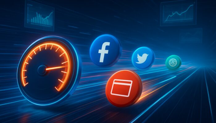 Website icons racing on digital track with lagging rival, SEMrush charts and load metrics.