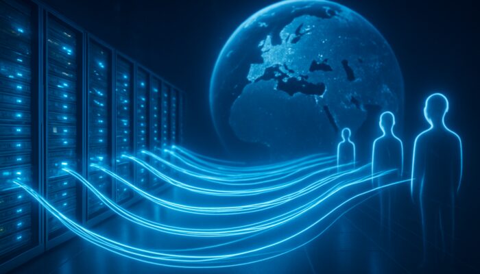 Futuristic European data centre with glowing server racks and fibre-optic streams for minimal latency.