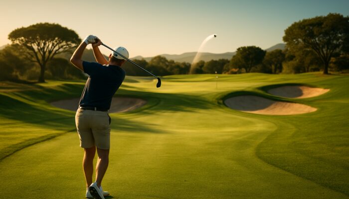 Golfer executing a precise wedge shot toward a bunkered green on a sunny South African course.