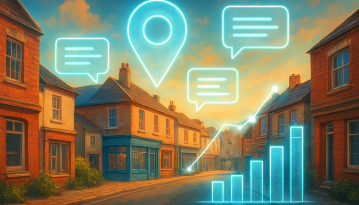 Vibrant depiction of Holsworthy streets with keyword clouds and SEO data visuals for local visibility.