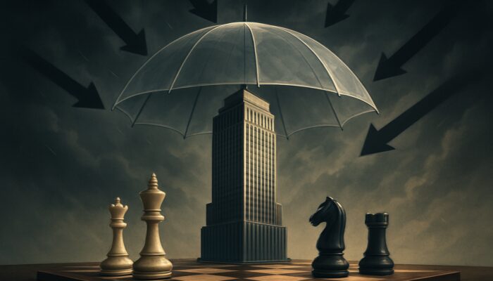 A modern skyscraper protected by an umbrella from risk arrows and storm clouds, alongside chess pieces symbolising strategy.