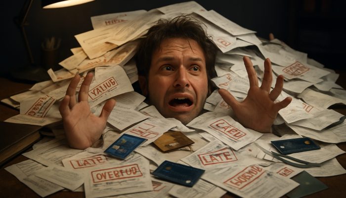Individual overwhelmed by a chaotic stack of overdue bills and loan documents on a cluttered desk