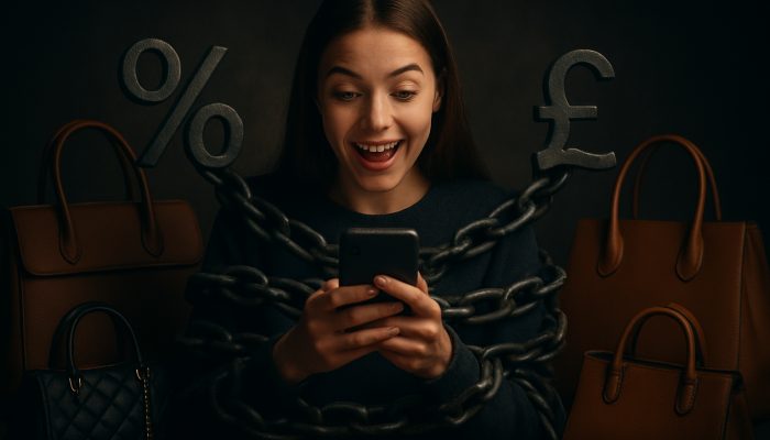 Young shopper in the UK using BNPL on phone while surrounded by luxury bags as debt chains tighten.