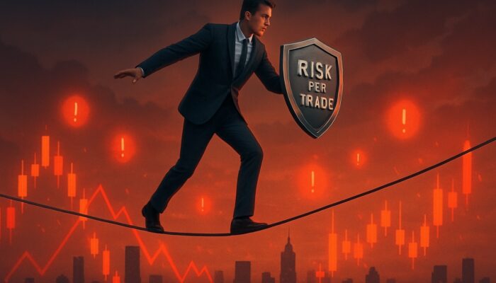 Trader navigating a tightrope over candlestick charts while holding a Risk Per Trade shield