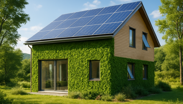 Modern eco-friendly house featuring solar panels, green walls, and smart windows, set in a tranquil landscape.
