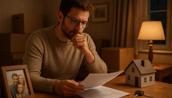 Reviewing Cover Such as Insurance or Schemes: Essential Tips | DCL Individual reviewing insurance documents at a desk with car keys, a house model, and relocation boxes in a comfortable British home