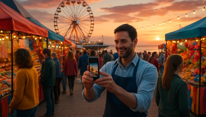 Vibrant Weston-super-Mare Carnival at sunset showcasing locals at lively market stalls and café owner featured on Instagram