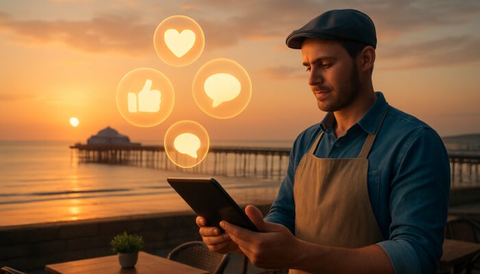 Café owner examines impressive social media statistics on a tablet above Weston-super-Mare pier at sunset