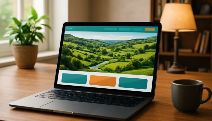 Laptop displaying Ivybridge business website with Devon landscapes and navigation menus