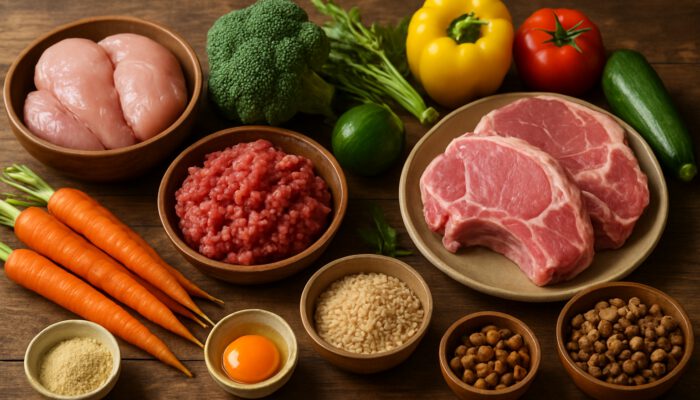Rustic table with fresh organic meats and colourful vegetables for balanced raw pet meals