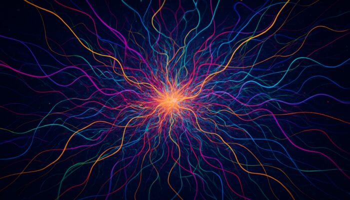 Neon stock trajectories swirling in void for Monte Carlo trading simulations