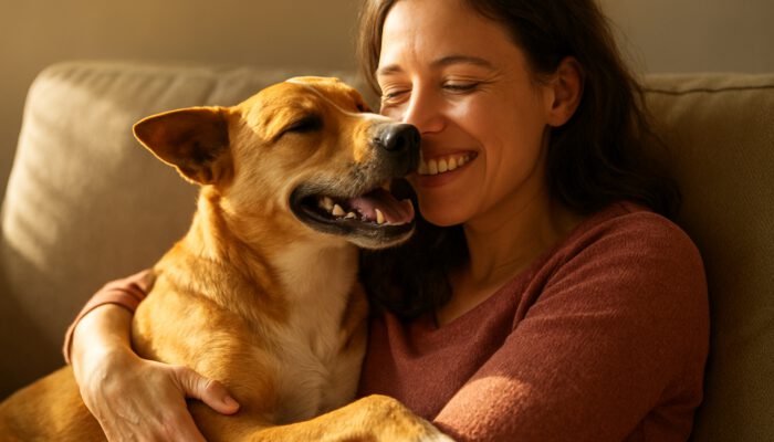 Rescue dog nuzzling its smiling owner on a sunlit couch, embodying love and healing through adoption