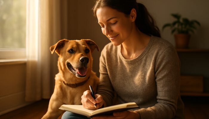 Individual journaling alongside an affectionate rescue dog in a sunlit home, radiating joy and calmness.