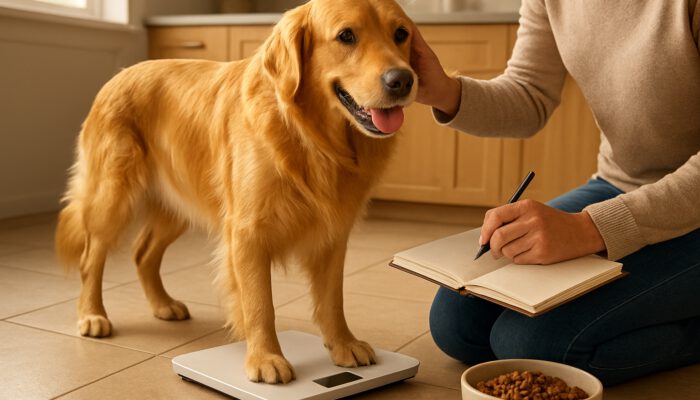 Owner weighing active golden retriever on scale while inspecting coat in sunlit kitchen