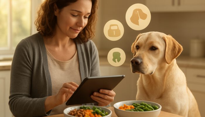 Owner reviewing Labrador health data on tablet next to customised nutrition bowls in kitchen