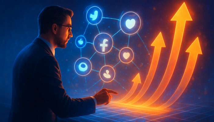 Strategist analyses glowing social media trends on holographic dashboard transforming into upward growth arrows.