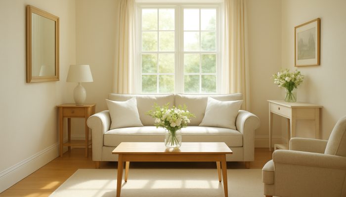 Bright and immaculate Martock cottage interior featuring shiny floors, fresh flowers, and crisp linens after professional cleaning.