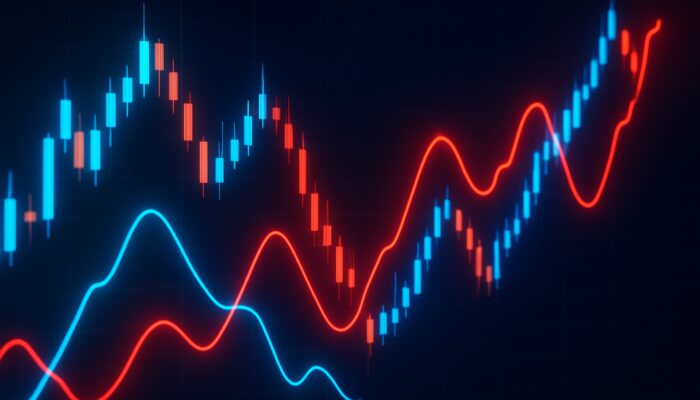 MFI and RSI oscillator lines on candlestick trading charts highlighted in blue and crimson.