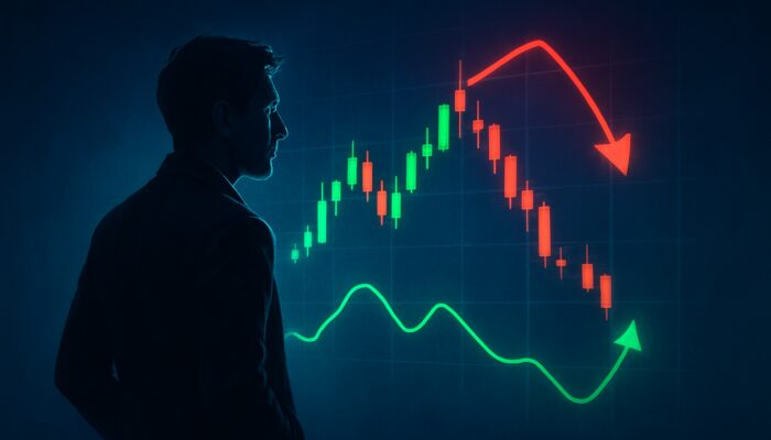 Trader viewing holographic candlestick chart with MFI overbought above 80 and oversold below 20