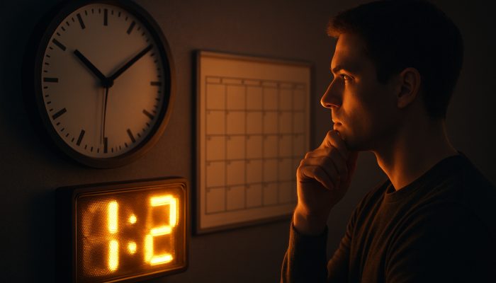 Person checking illuminated scoreboard with clock and calendar for timing tips on score updates
