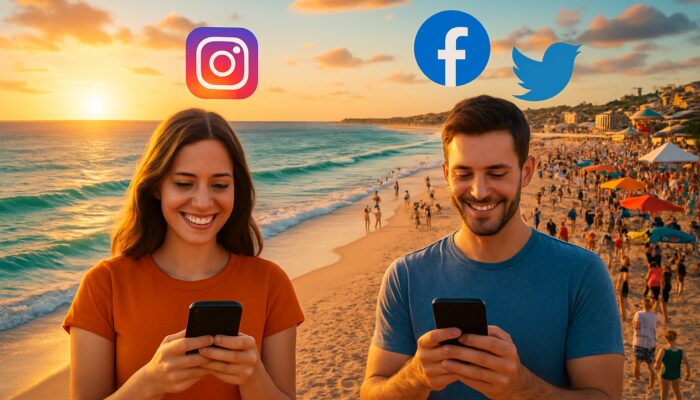 Social Media Management Services in Exmouth: beach at golden hour with locals on smartphones and floating Instagram, Facebook, Twitter icons.