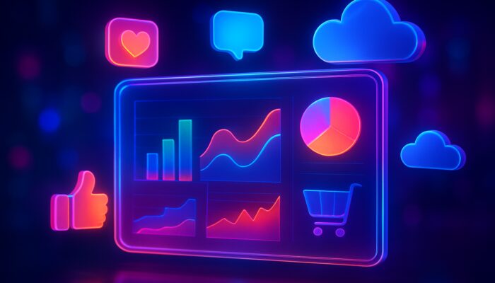 Holographic dashboard displaying vibrant graphs of social commerce metrics, engagement data, and cloud hosting icons in a neon tech environment.