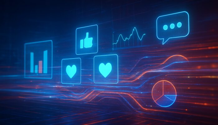 Holographic dashboard combining social media icons, analytics charts, and feedback into actionable commerce insights.
