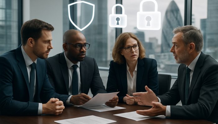 When to Seek Guidance on Business Liabilities: UK Essentials | DCL Business executives consult UK legal experts in a modern London office with floating compliance shield icons.