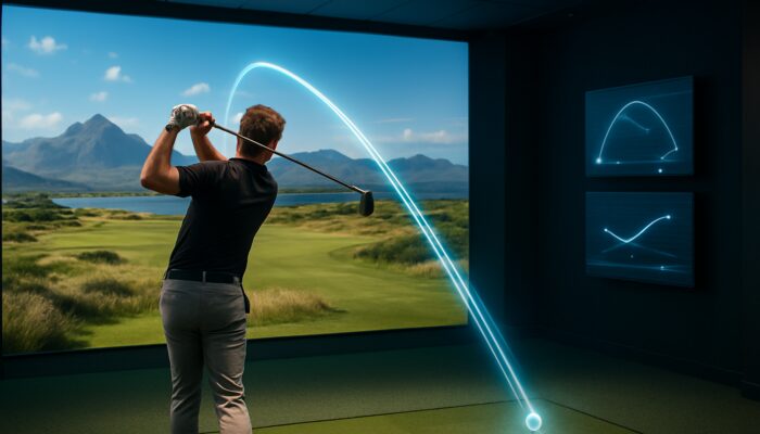 Focused golfer mid-swing in simulator with holographic ball flight over scenic South African mountain course