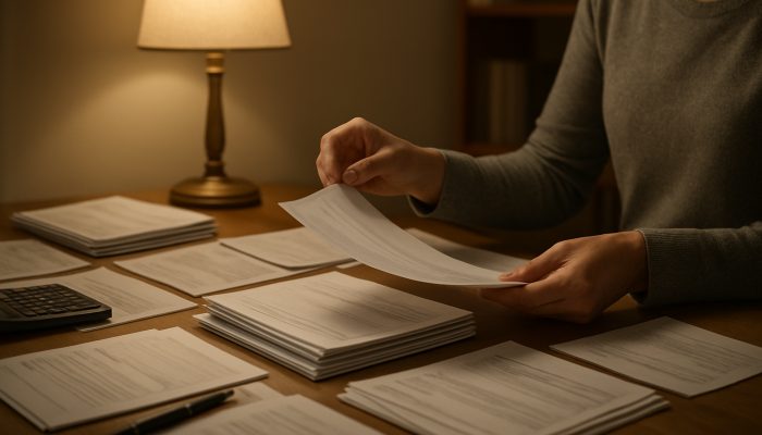 Avoiding New Debt While Merging Balances: Key Insights | DCL Person sorting payslips and bank statements on a cluttered desk under lamplight in a home office.